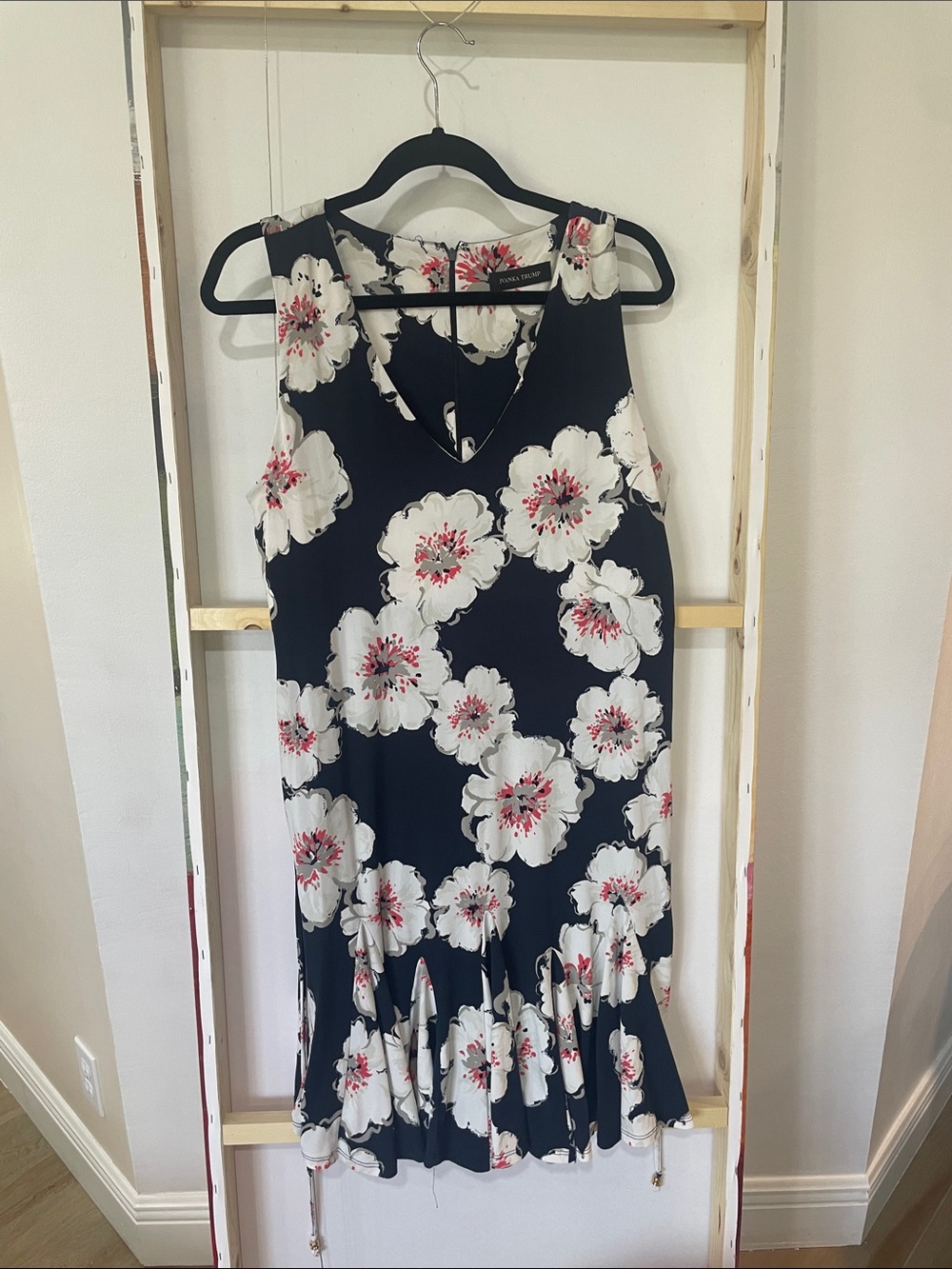 Ivanka Trump Navy Midi Dress with White & Pink Floral Print